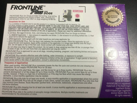 Frontline Plus For Dogs 45 to 88 LBS 6 Doses 6 Month Supply New