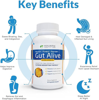 Holistic Health Labs Gut Alive - All Natural Support to Fight IBS, Heartburn, Acid Indigestion, Acid Reflux, Bloating & Gas. Unique Formulation (60 Count