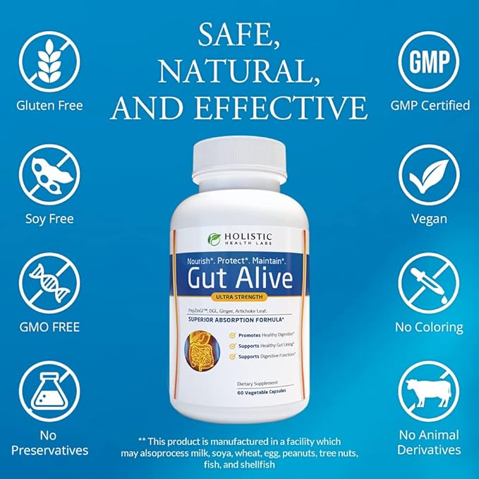 Holistic Health Labs Gut Alive - All Natural Support to Fight IBS, Heartburn, Acid Indigestion, Acid Reflux, Bloating & Gas. Unique Formulation (60 Count