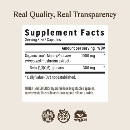 Real Mushrooms Organic Lions Mane Mushroom Capsules - 120 Count