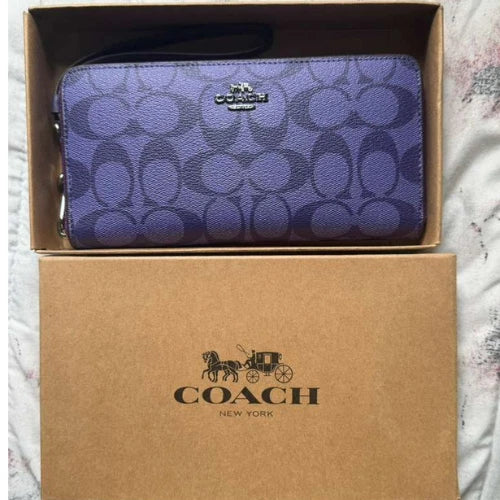 Coach Purple Signature PVC Zip Around Wallet Wristlet Leather
